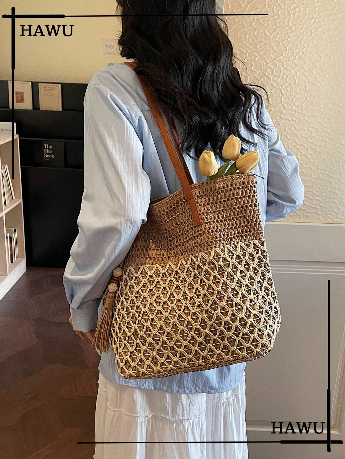 Tasseled Accent Colorblock Tote Bag, Beach Vacation Bag