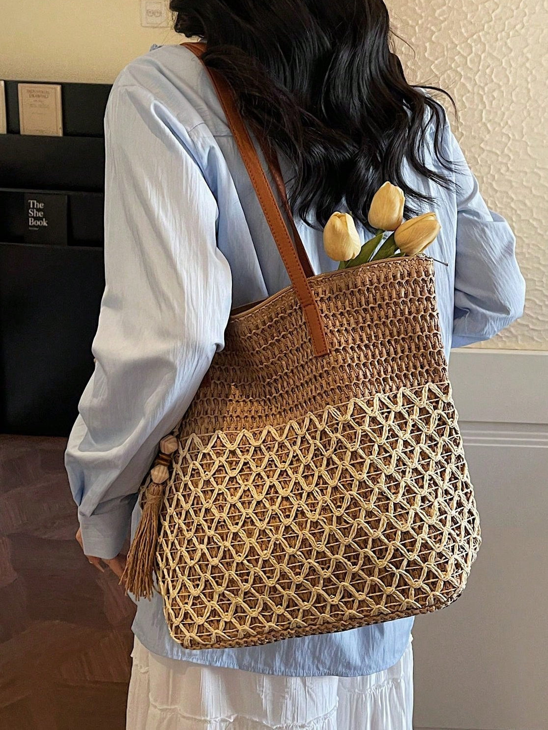 Tasseled Accent Colorblock Tote Bag, Beach Vacation Bag