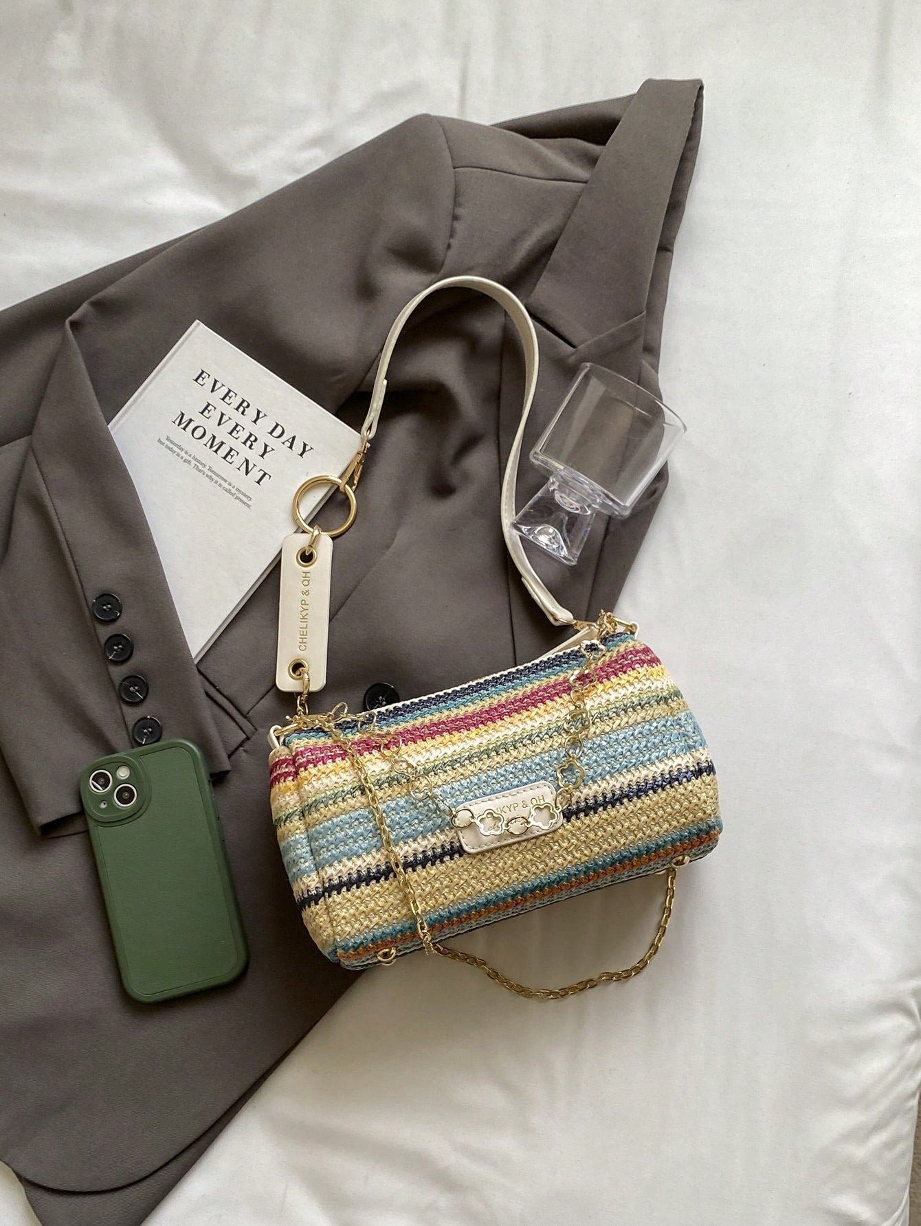 New Spring/Summer Contrast Striped Woven Straw Shoulder Bag, Fashion Letter Decor Women's