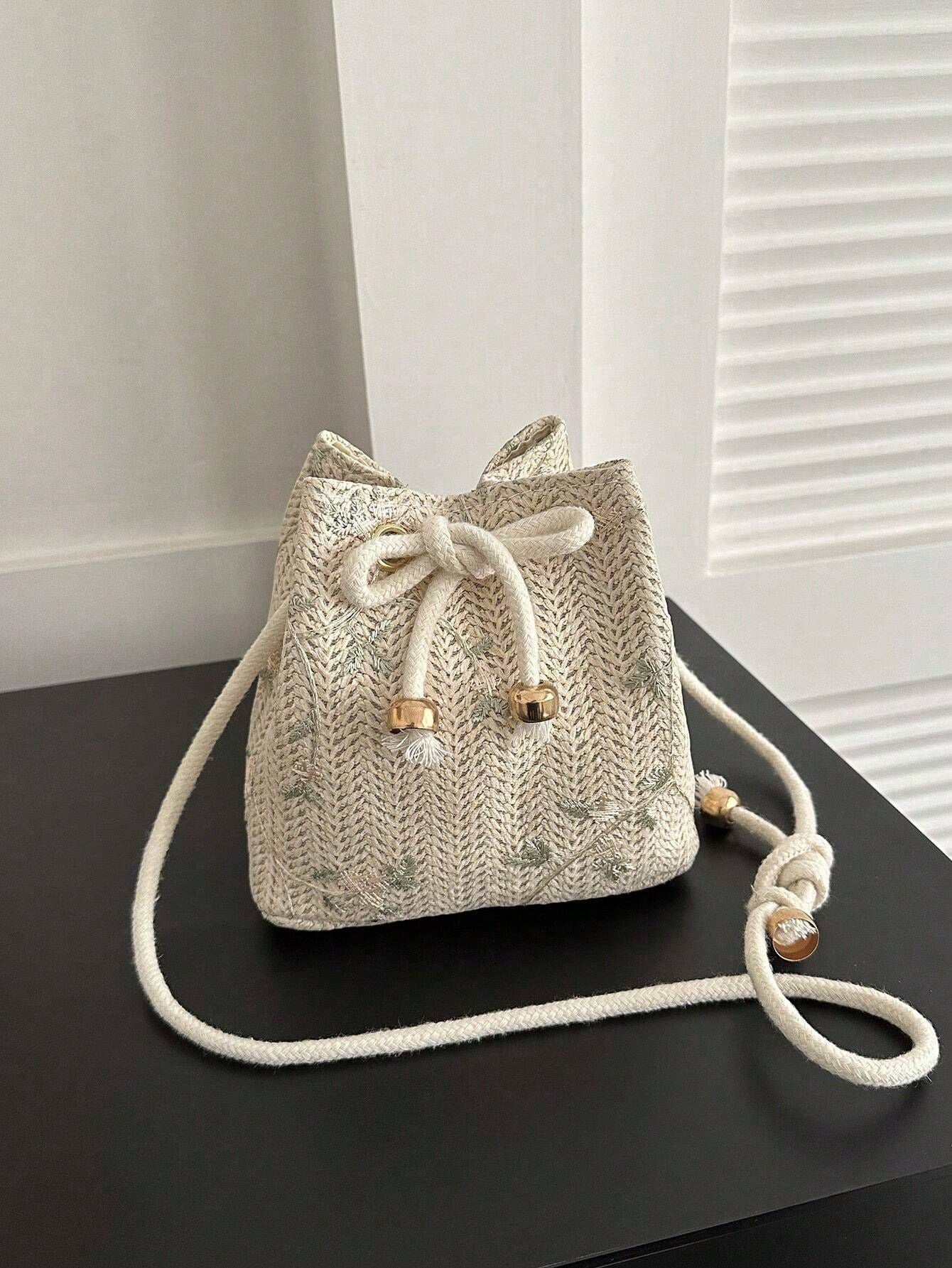 Tropiscape Mini Floral Embroidered Drawstring Detail Vacation, Straw Purse