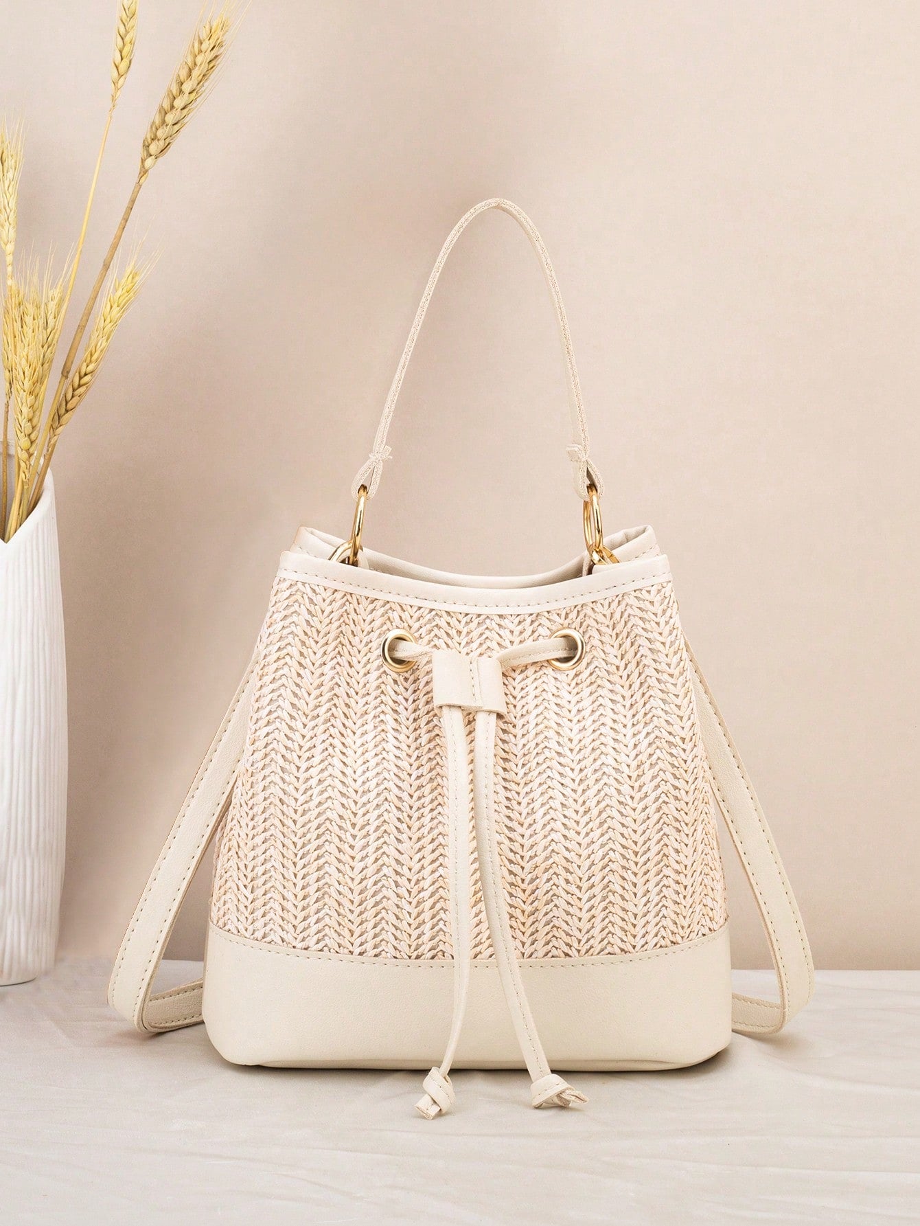 Drawstring Bucket Bag, Large Capacity Daily Versatile Bag, New Summer Beach Bag, Straw Crossbody Bag, Durable Women Handbag