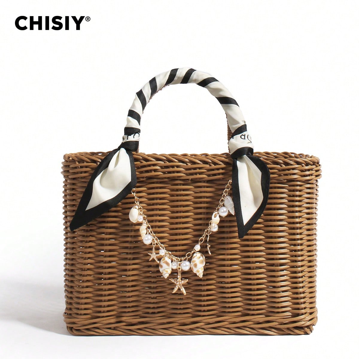 Summer New French Retro Handmade Vine Weaving Handbag Silk Scarf Handheld With Shell Sea Star Hanging Decoration Seaside Vacation Large Capacity Basket Package Daily Commuting Beach Leisure Party Travel