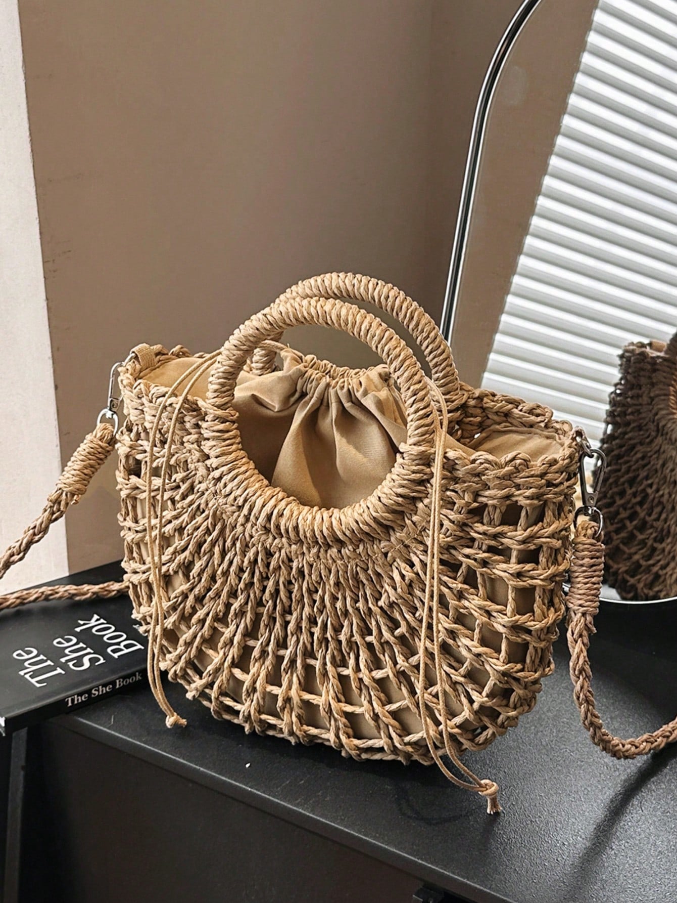 Tropiscape 1pc Half Circle Braided Drawstring Crossbody Bag For Women, Fashion Holiday Handbag For Travel And Daily Shopping Beach Autumn Winter Gifts ,Vacation Essentials
