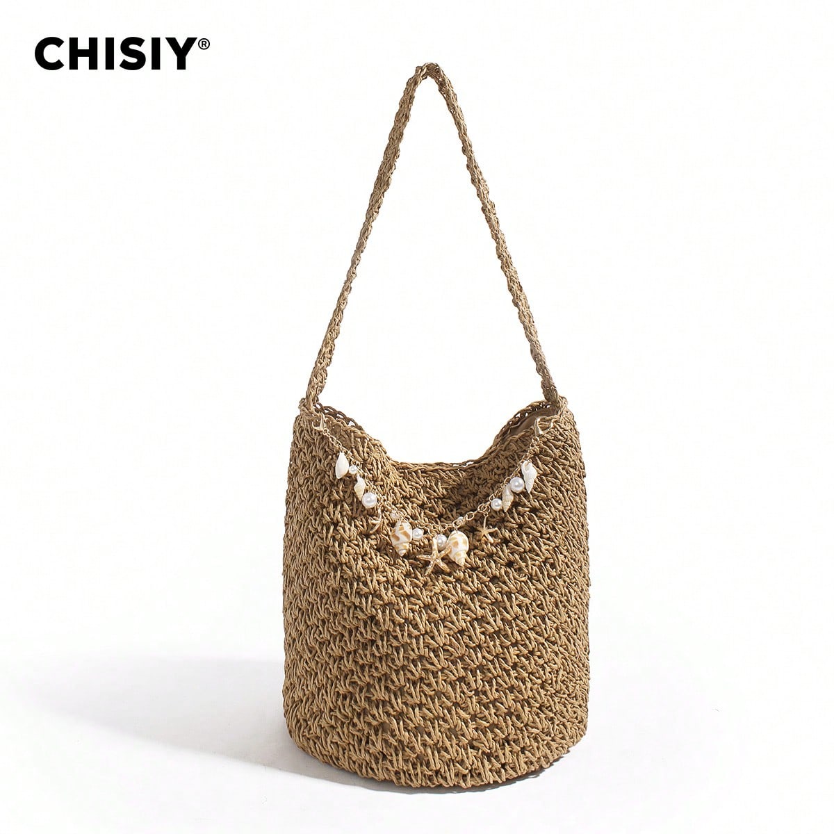 Original Handmade New Retro Woven Shoulder Bag, Summer Seaside Vacation Grass Woven Bag, Shell Starfish Hanging Decoration Bucket Bag, Large Capacity Commuting Handbag, Seaside Vacation Beach Bag, Daily Commuting Beach Leisure Party Travel