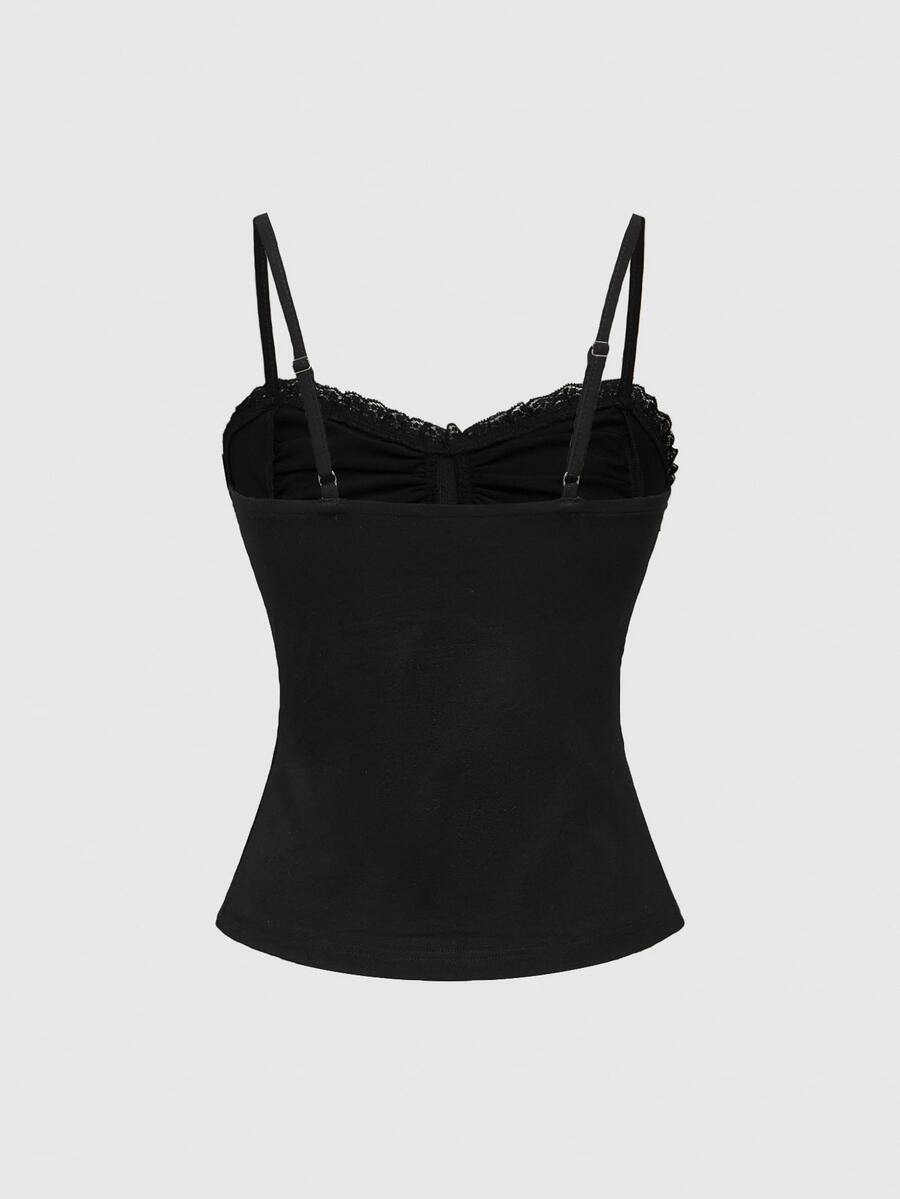A black gothic slim-fit tank top featuring contrast lace patchwork detailing, ruched frill trim, and thin spaghetti straps made from soft knitted stretch fabric.