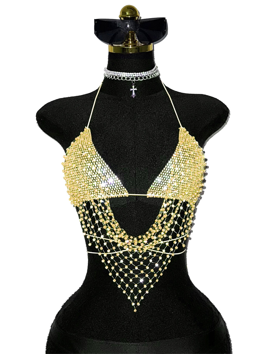 Black sheer mesh halter top for women featuring rhinestone glitter effect, backless design, chain details, and an asymmetrical hem.