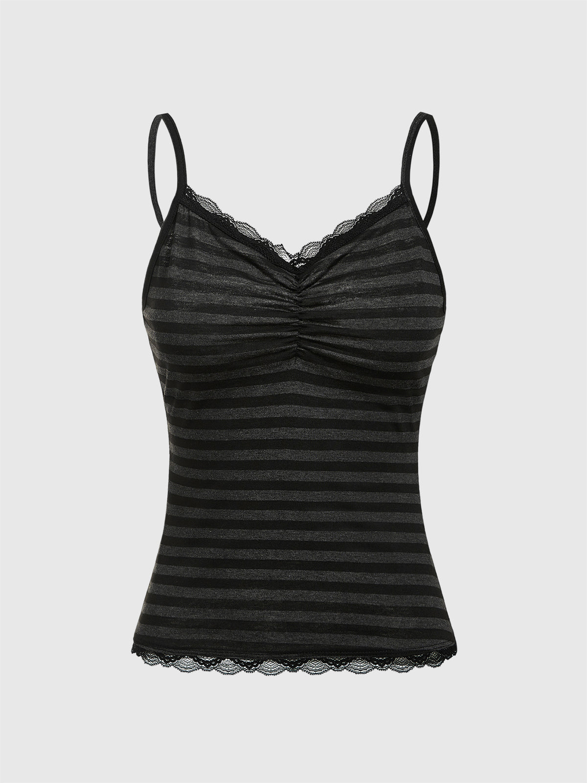 Burgundy and black striped lace trim camisole with spaghetti straps and ruched rib-knit detail.