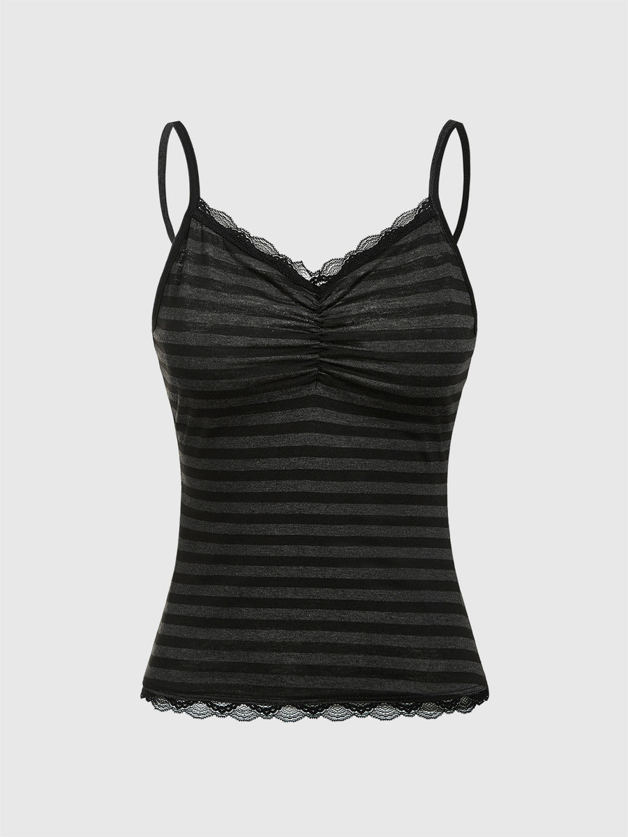 Burgundy and black striped lace trim camisole with spaghetti straps and ruched rib-knit detail.