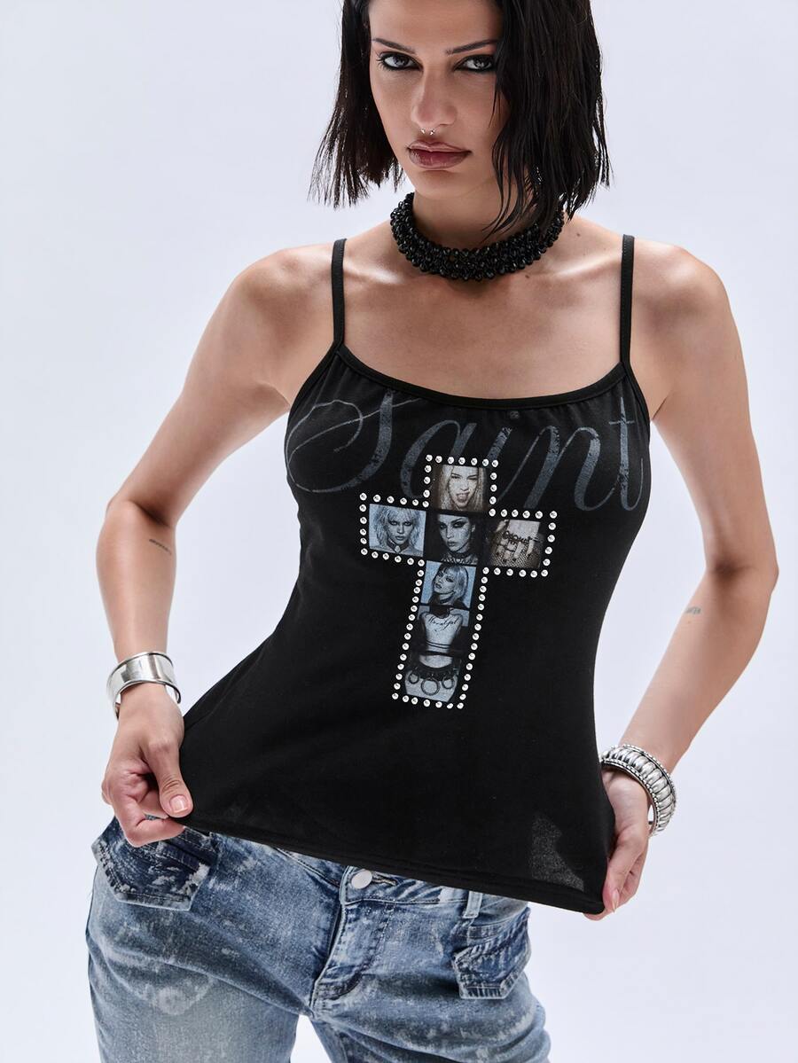 Black fitted cropped spaghetti strap tank top for women featuring a graphic portrait cross print with rhinestone details.
