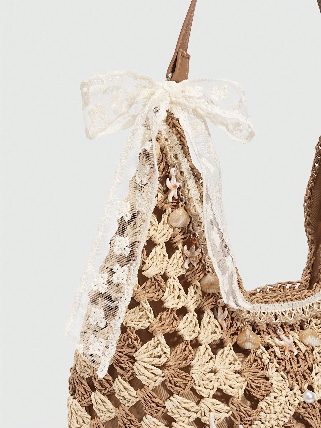ROMWE Fairycore 1 Pc Tropical Ocean Beach Vacation Style Woven Hollow Beige Women's Shoulder Crossbody Handbag, Large Capacity Travel Vacation Bag