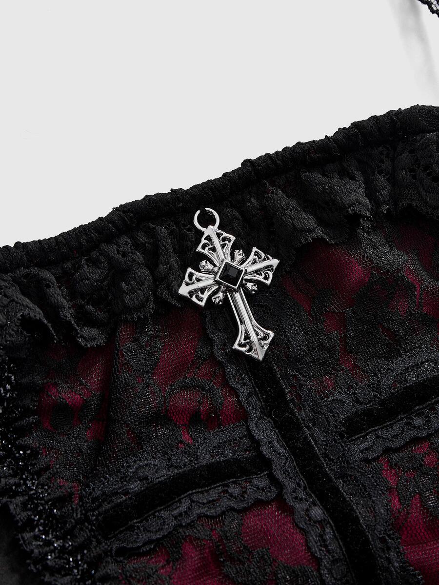 A women's gothic halter cami crop top featuring contrast lace patchwork, velvet fabric, backless knot detail, and slim fit.