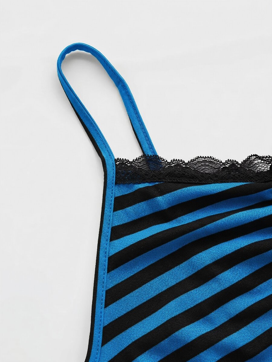 Burgundy and black striped lace trim camisole with spaghetti straps and ruched rib-knit detail.
