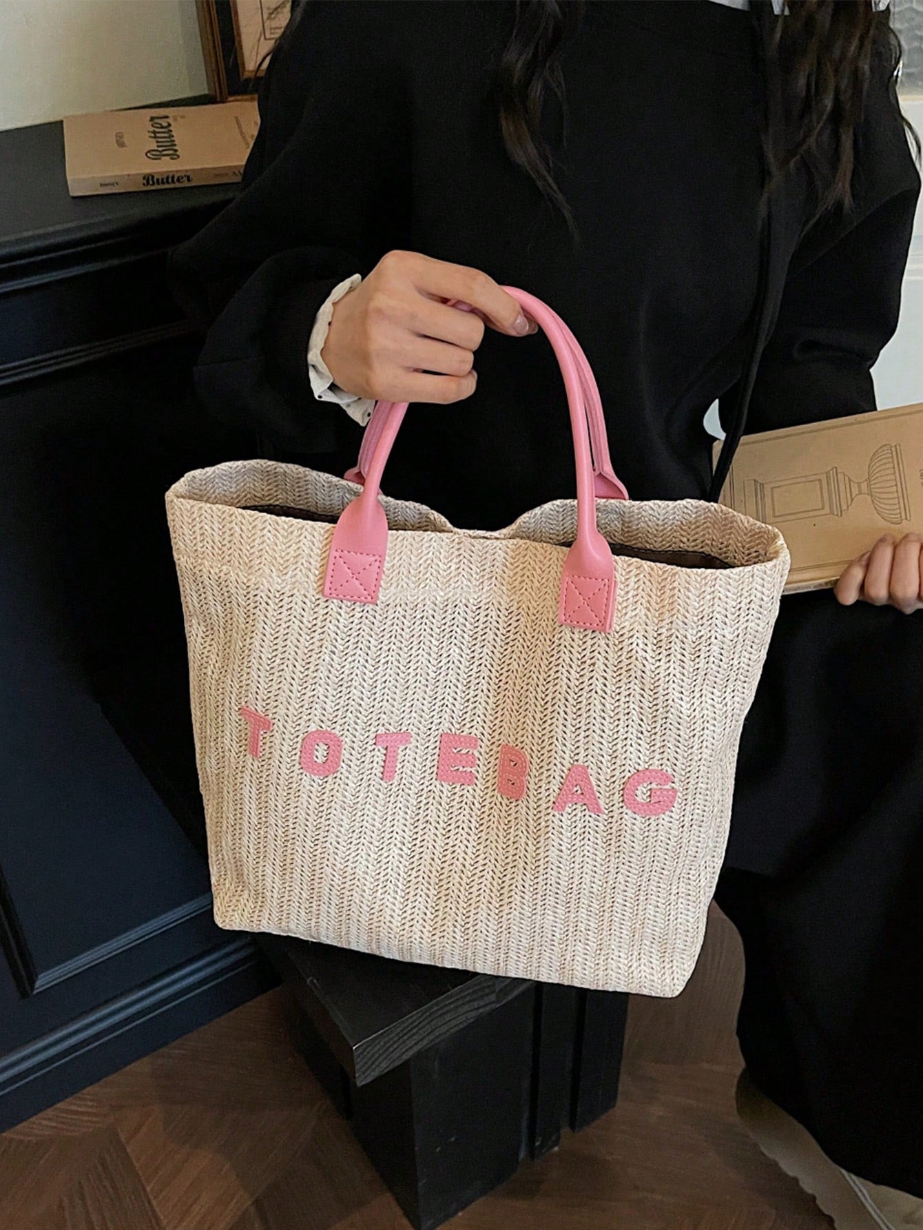 New Large Capacity Letter Decor Woven Straw Tote Bag, Multi-Functional Commute Casual Vacation Woven Straw Handbag Suitable For Commuting, Shopping, Beach Vacation, Office, Holidays
