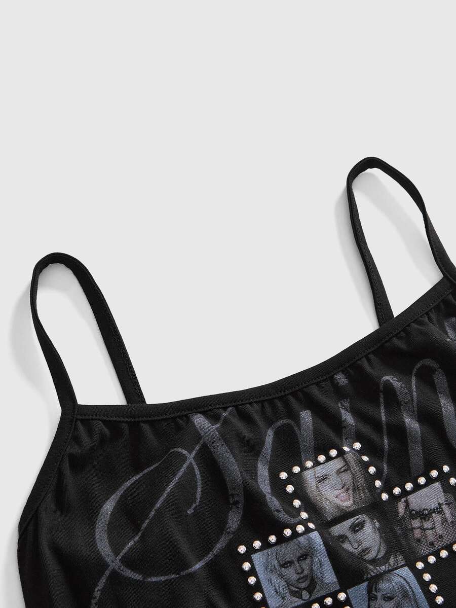 Black fitted cropped spaghetti strap tank top for women featuring a graphic portrait cross print with rhinestone details.