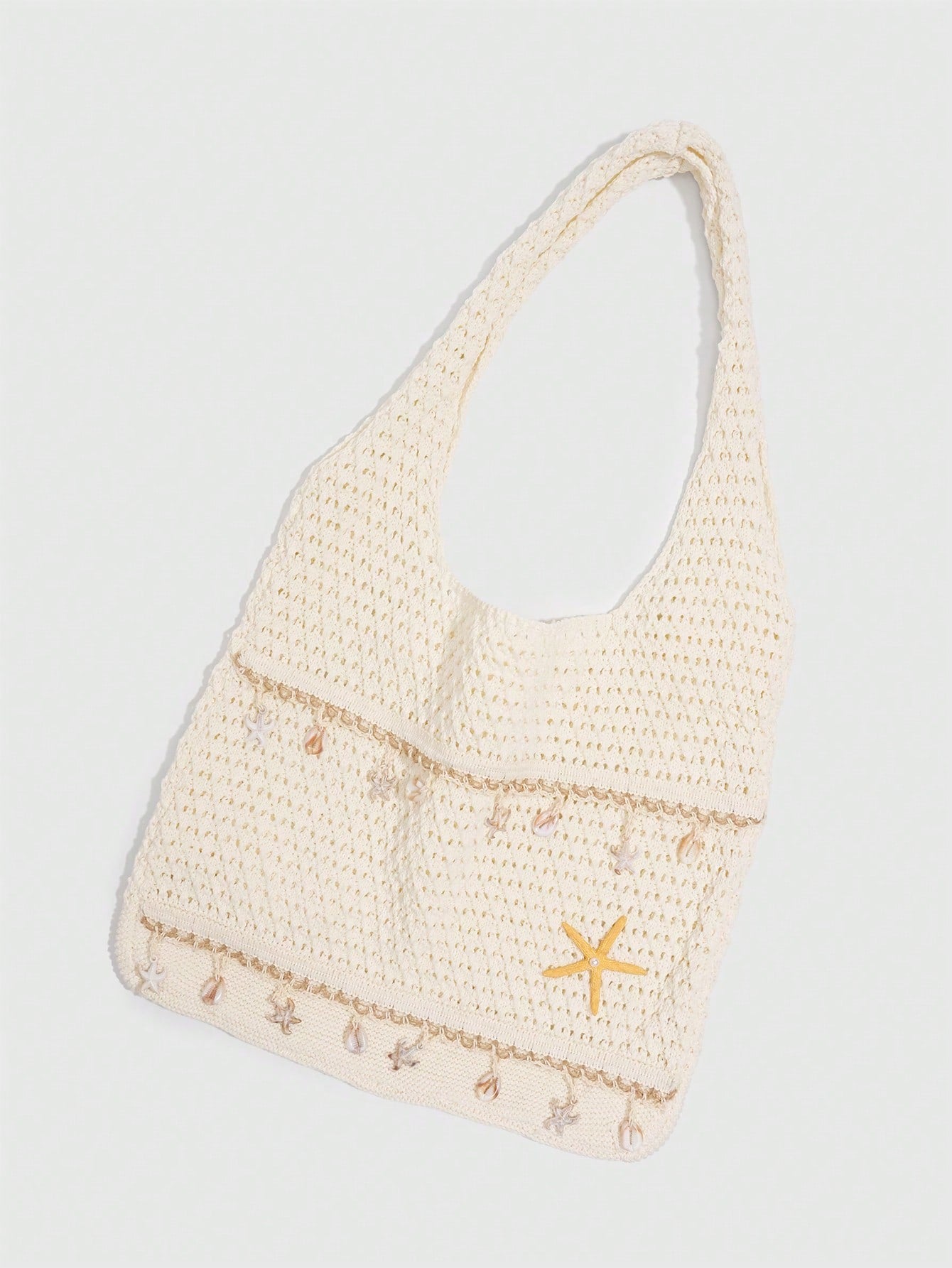 ROMWE Fairycore 1 Pc Tropical Ocean Beach Vacation Style Woven Hollow Beige Women's Shoulder Crossbody Handbag, Large Capacity Travel Vacation Bag