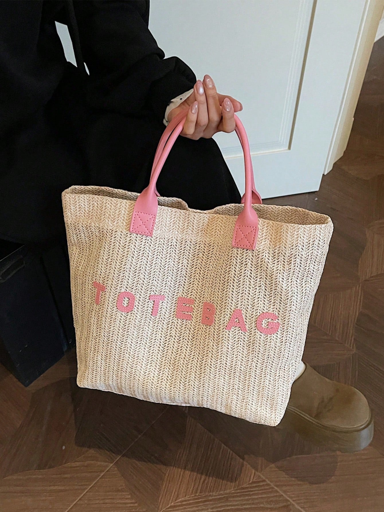 New Large Capacity Letter Decor Woven Straw Tote Bag, Multi-Functional Commute Casual Vacation Woven Straw Handbag Suitable For Commuting, Shopping, Beach Vacation, Office, Holidays