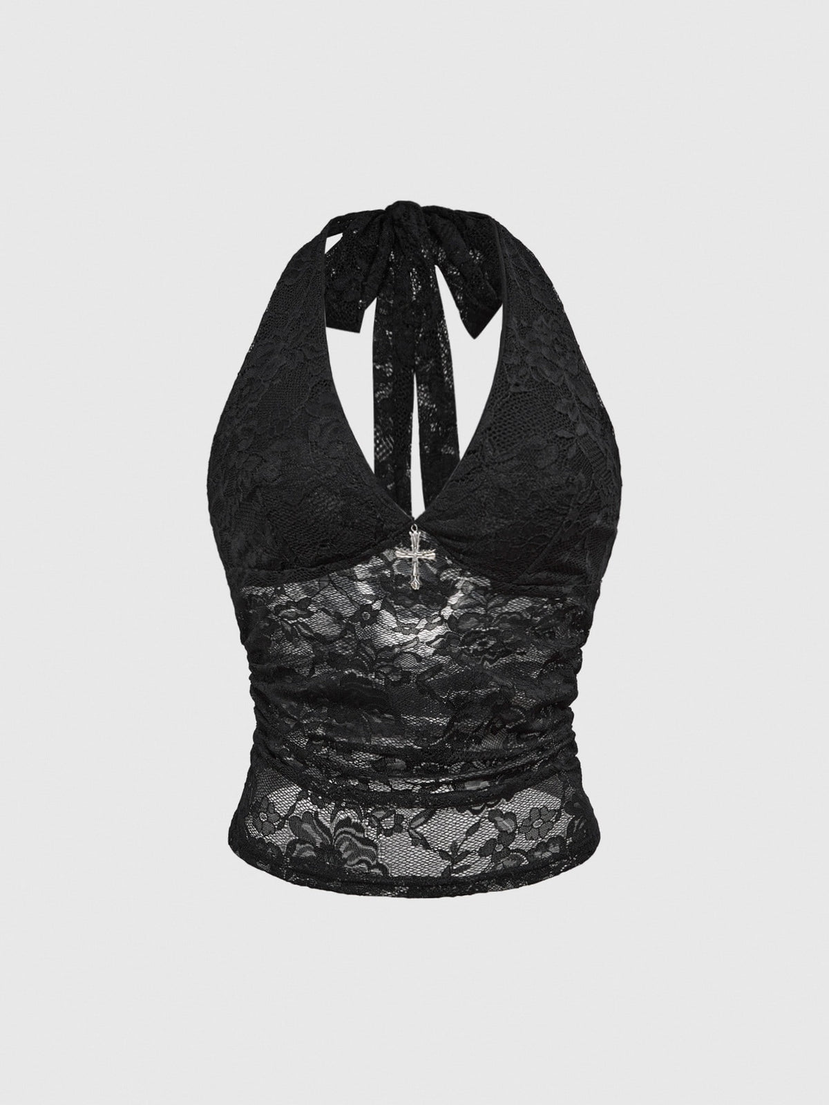 Black gothic halter lace cami crop top featuring ruched details and backless design for women