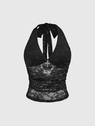 Black gothic halter lace cami crop top featuring ruched details and backless design for women
