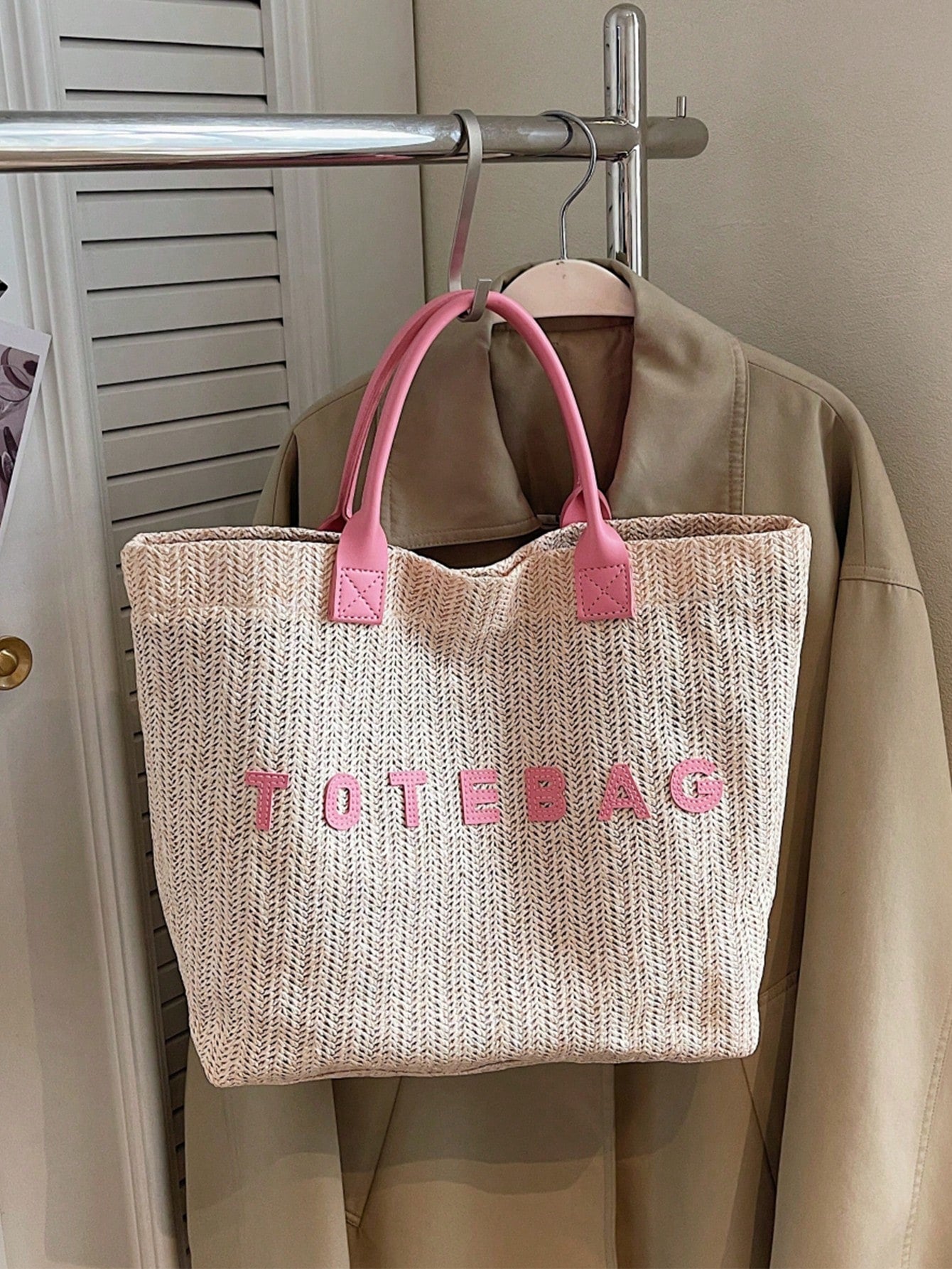 New Large Capacity Letter Decor Woven Straw Tote Bag, Multi-Functional Commute Casual Vacation Woven Straw Handbag Suitable For Commuting, Shopping, Beach Vacation, Office, Holidays