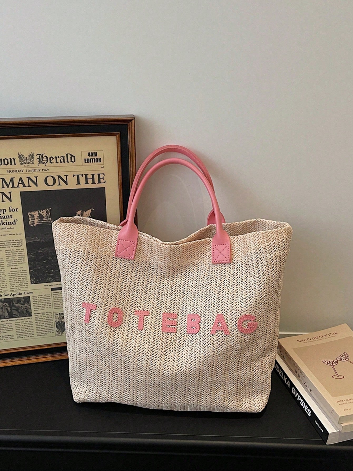 New Large Capacity Letter Decor Woven Straw Tote Bag, Multi-Functional Commute Casual Vacation Woven Straw Handbag Suitable For Commuting, Shopping, Beach Vacation, Office, Holidays