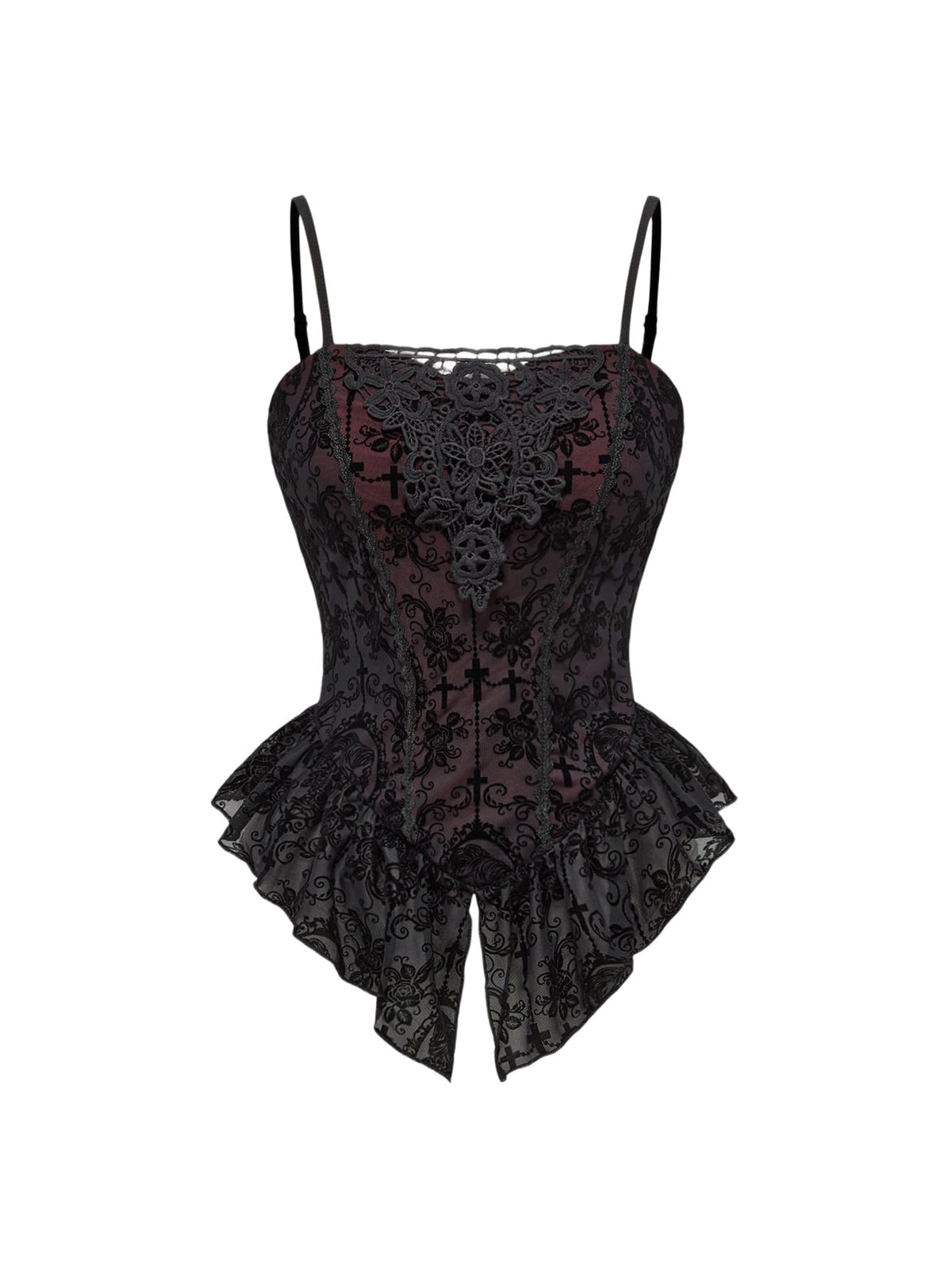 Black Gothic flocked lace camisole featuring spaghetti straps and an asymmetrical ruffle hem.