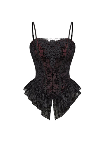 Black Gothic flocked lace camisole featuring spaghetti straps and an asymmetrical ruffle hem.