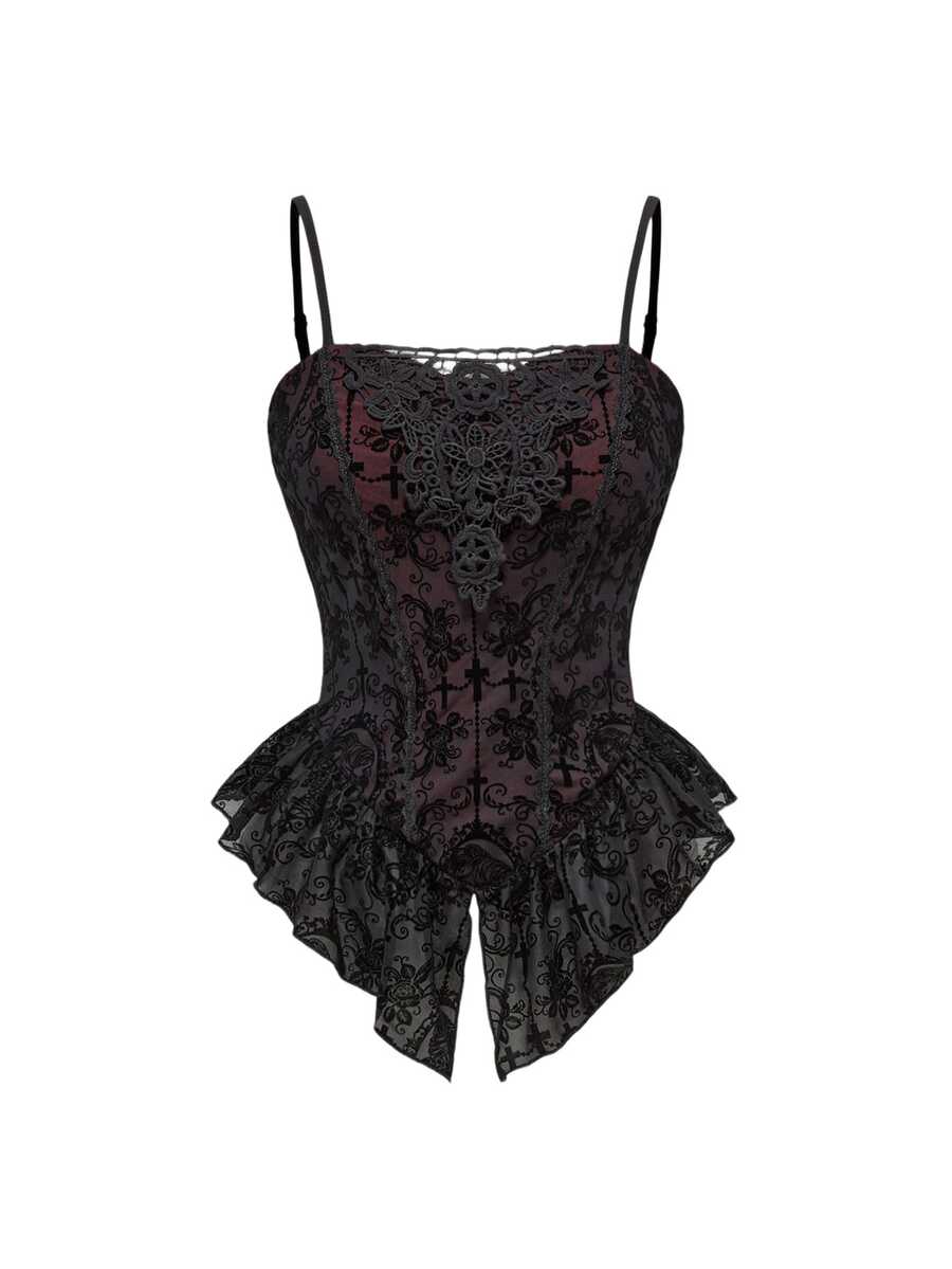 Black Gothic flocked lace camisole featuring spaghetti straps and an asymmetrical ruffle hem.