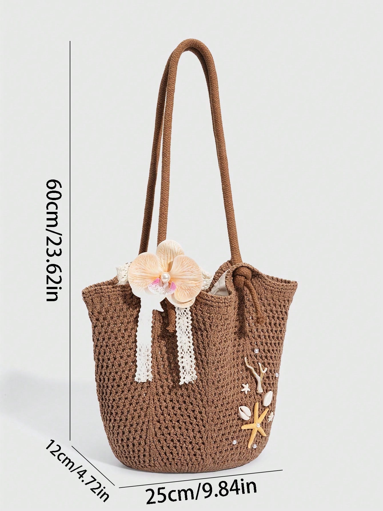 ROMWE Fairycore 1 Pc Tropical Ocean Beach Vacation Style Woven Hollow Beige Women's Shoulder Crossbody Handbag, Large Capacity Travel Vacation Bag