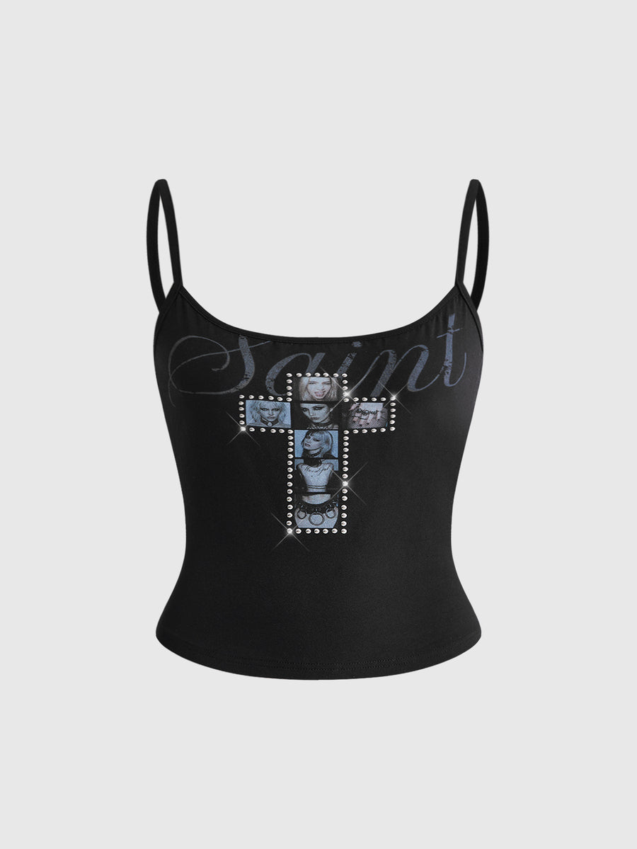 Black fitted cropped spaghetti strap tank top for women featuring a graphic portrait cross print with rhinestone details.