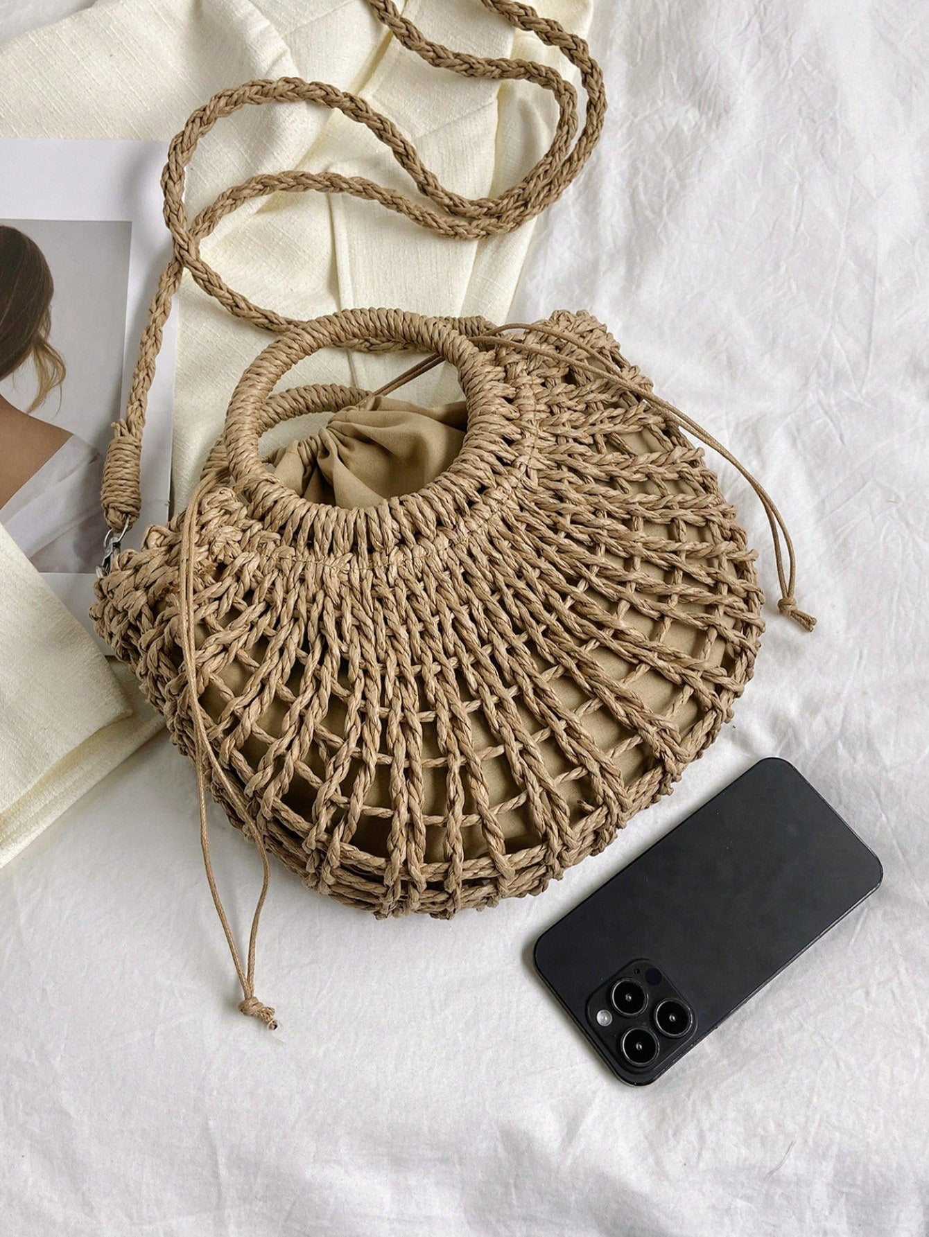 Tropiscape 1pc Half Circle Braided Drawstring Crossbody Bag For Women, Fashion Holiday Handbag For Travel And Daily Shopping Beach Autumn Winter Gifts ,Vacation Essentials
