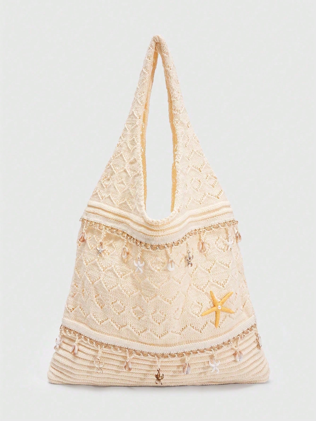 ROMWE Fairycore 1 Pc Tropical Ocean Beach Vacation Style Woven Hollow Beige Women's Shoulder Crossbody Handbag, Large Capacity Travel Vacation Bag