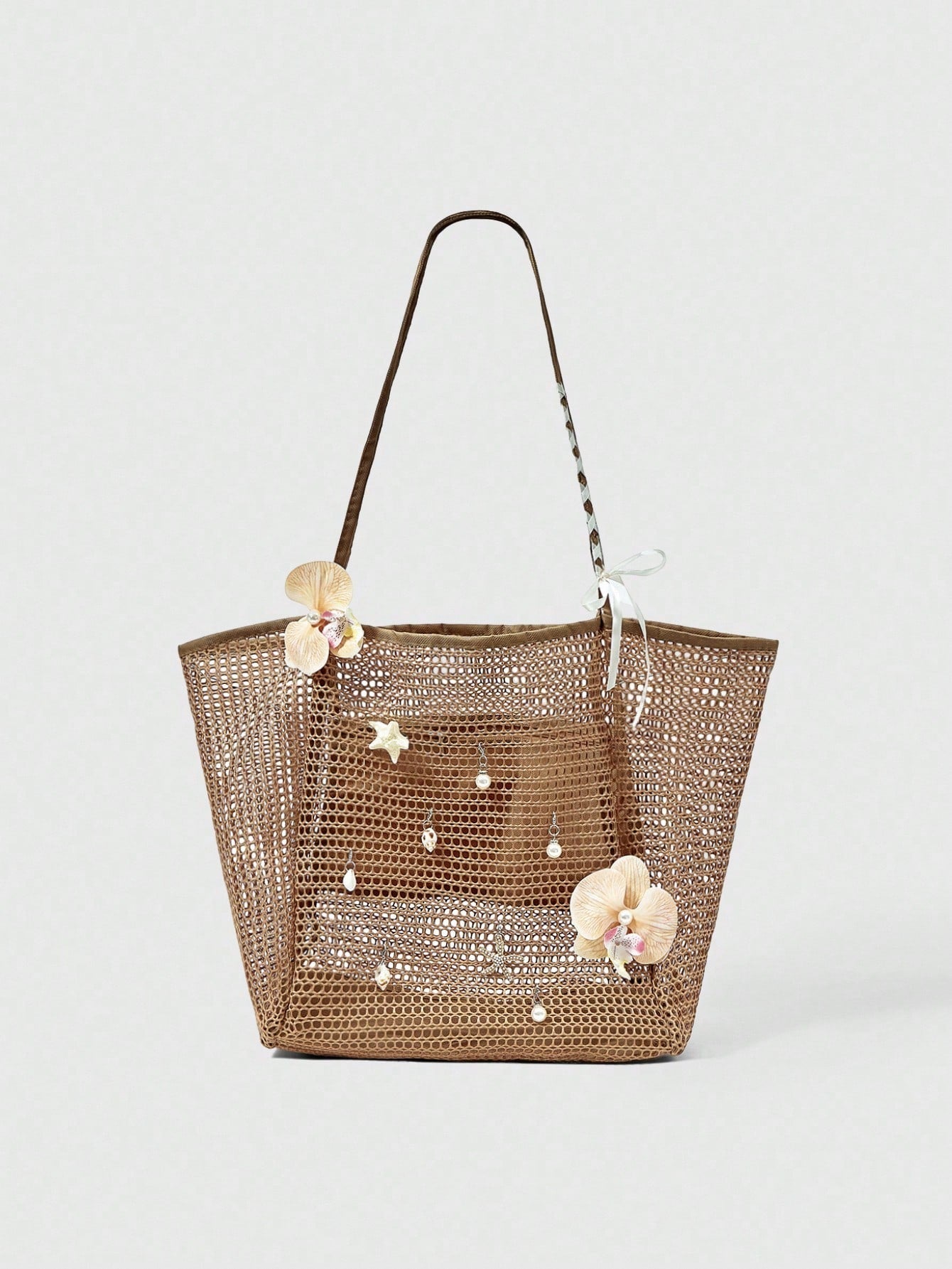 OMWE Fairycore 1pc Handmade Woven Tote Bag With Artificial Orchid, Lily Decor,