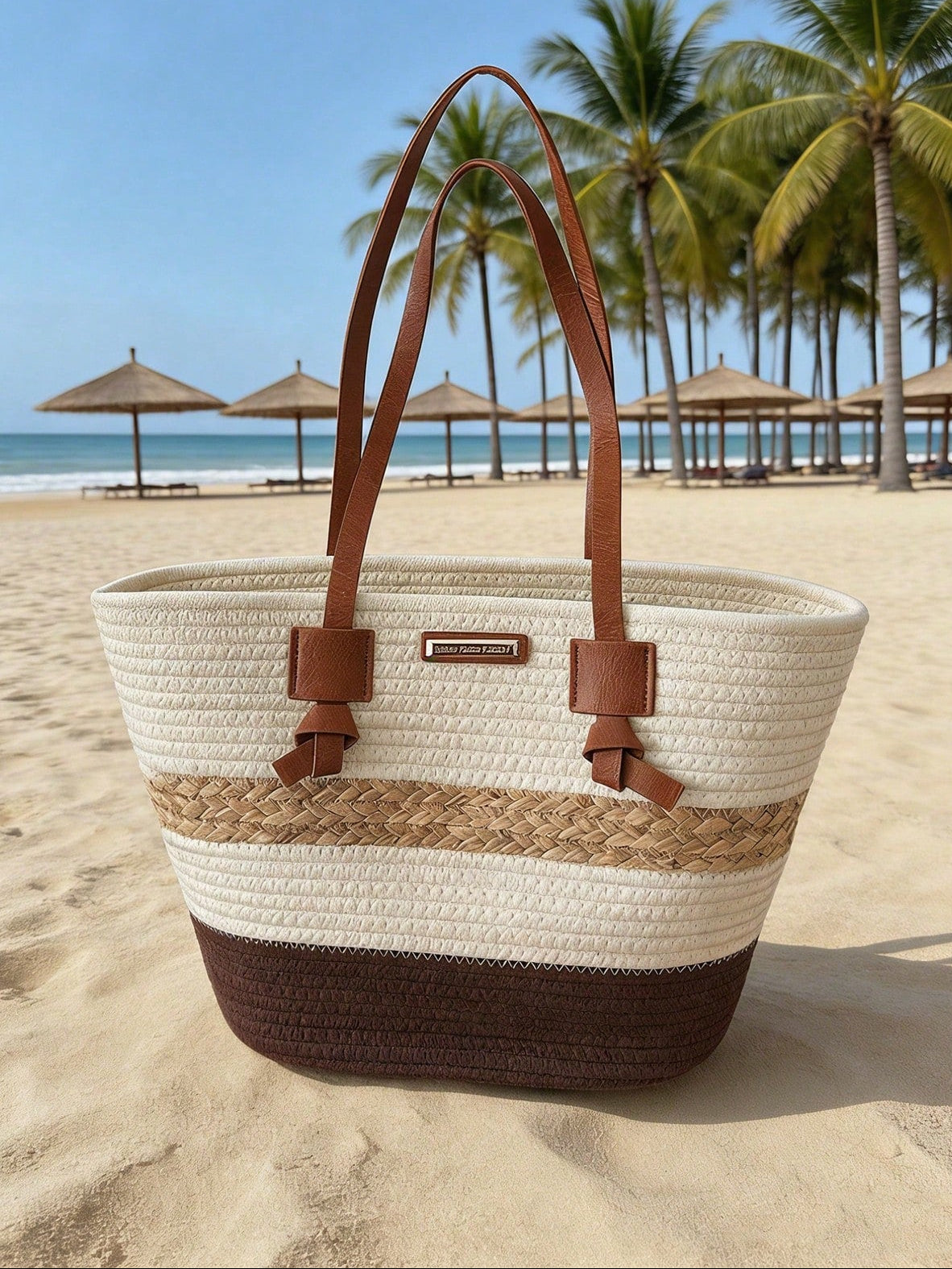1pc Colorblock Striped Straw Tote Bag, Large Capacity Commuter Beach Shoulder Bag For Women