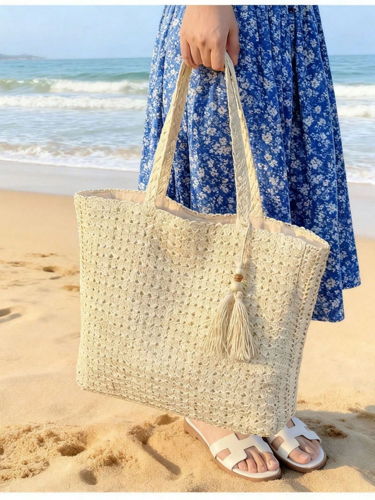 Women's Large Capacity Straw Vacation Beach Bag, Woven With Tassels, Shoulder Handbag Wallet, Casual Fashion Travel Bag, Portable Bohemian Foldable Tote , Bohemian Outfit For Women , Summer, Boho