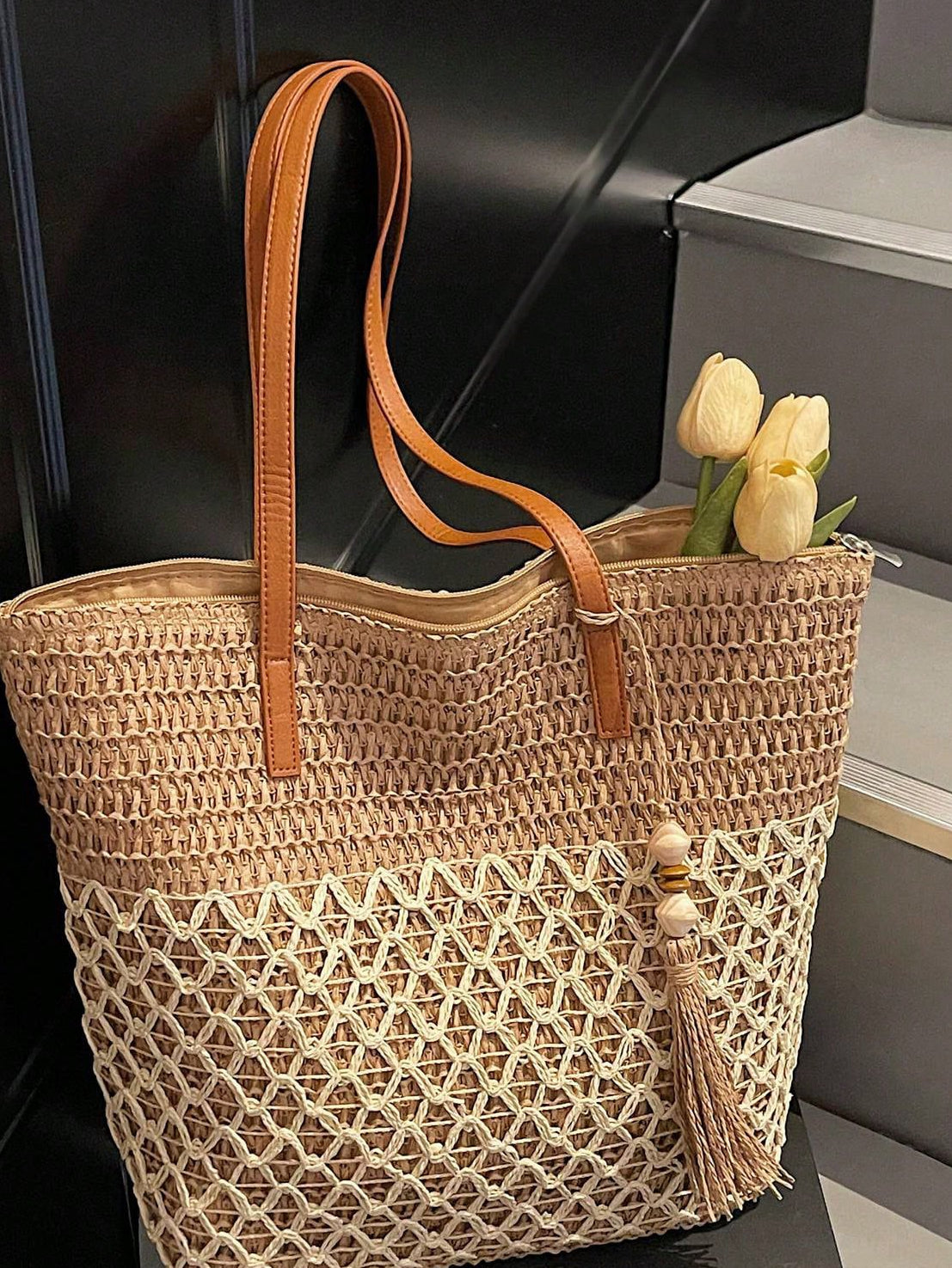 Tasseled Accent Colorblock Tote Bag, Beach Vacation Bag