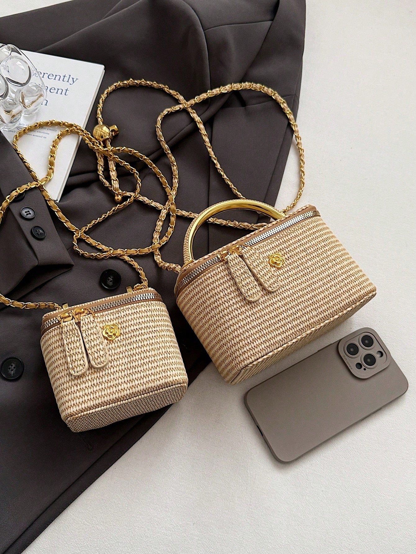 Woven Texture Handle Box-Shaped Handbag, Women's Spring/Summer New Fashion Chain Crossbody Small Square Bag, Versatile Beach Holiday Purse