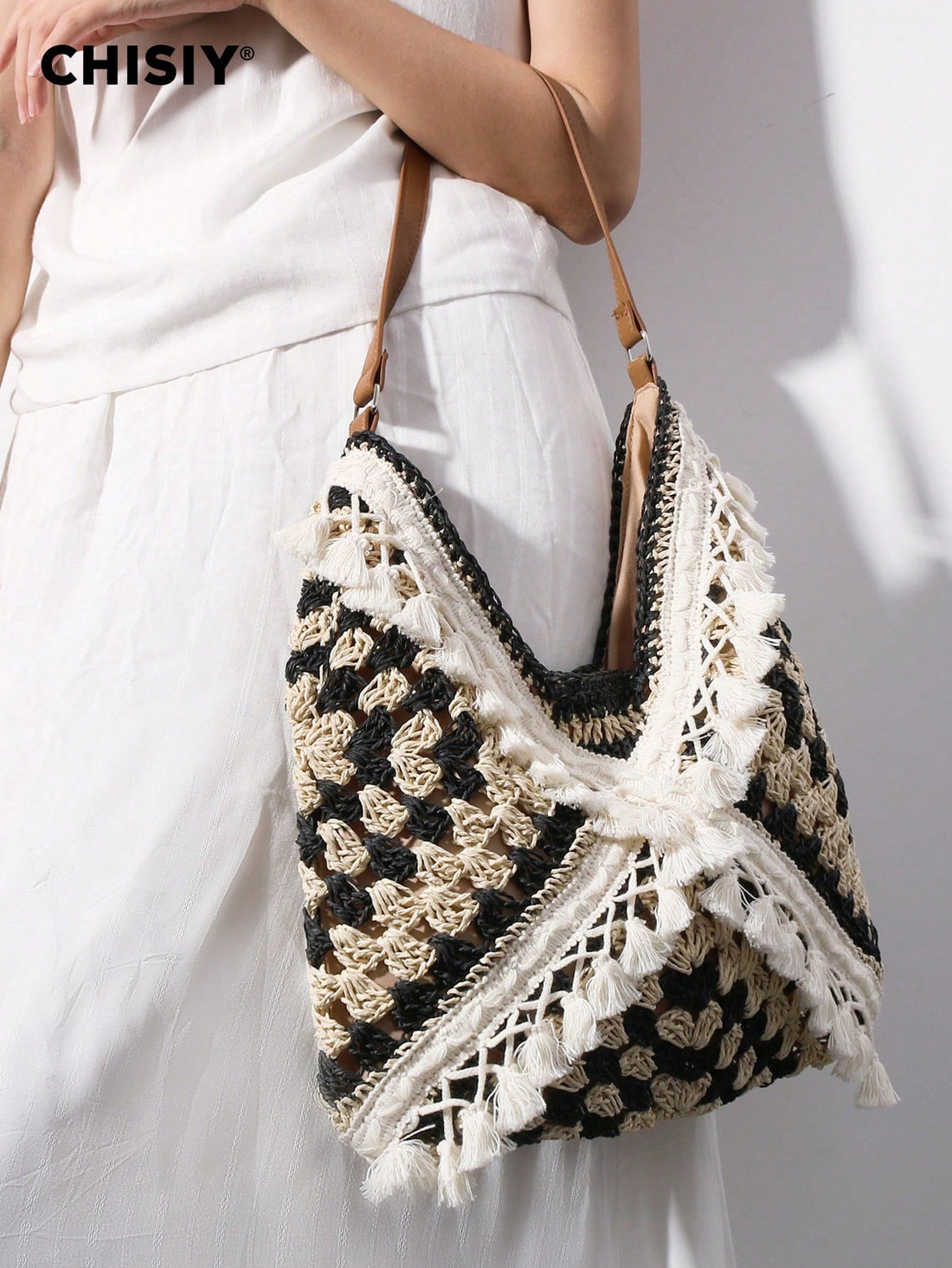 Handmade Straw Tote Bag, Woven Shoulder Bag, Bucket Bag For Weekend, Beach, Spring & Summer, Khaki Vintage Woven Vest, Casual, Affordable, Spacious, Tassel Handcraft Work Bag, Travel, Beach, School