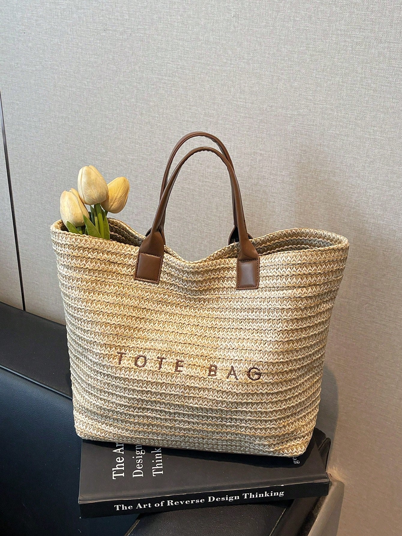 New Large Capacity Letter Decor Woven Straw Tote Bag, Multi-Functional Commute Casual Vacation Woven Straw Handbag Suitable For Commuting, Shopping, Beach Vacation, Office, Holidays