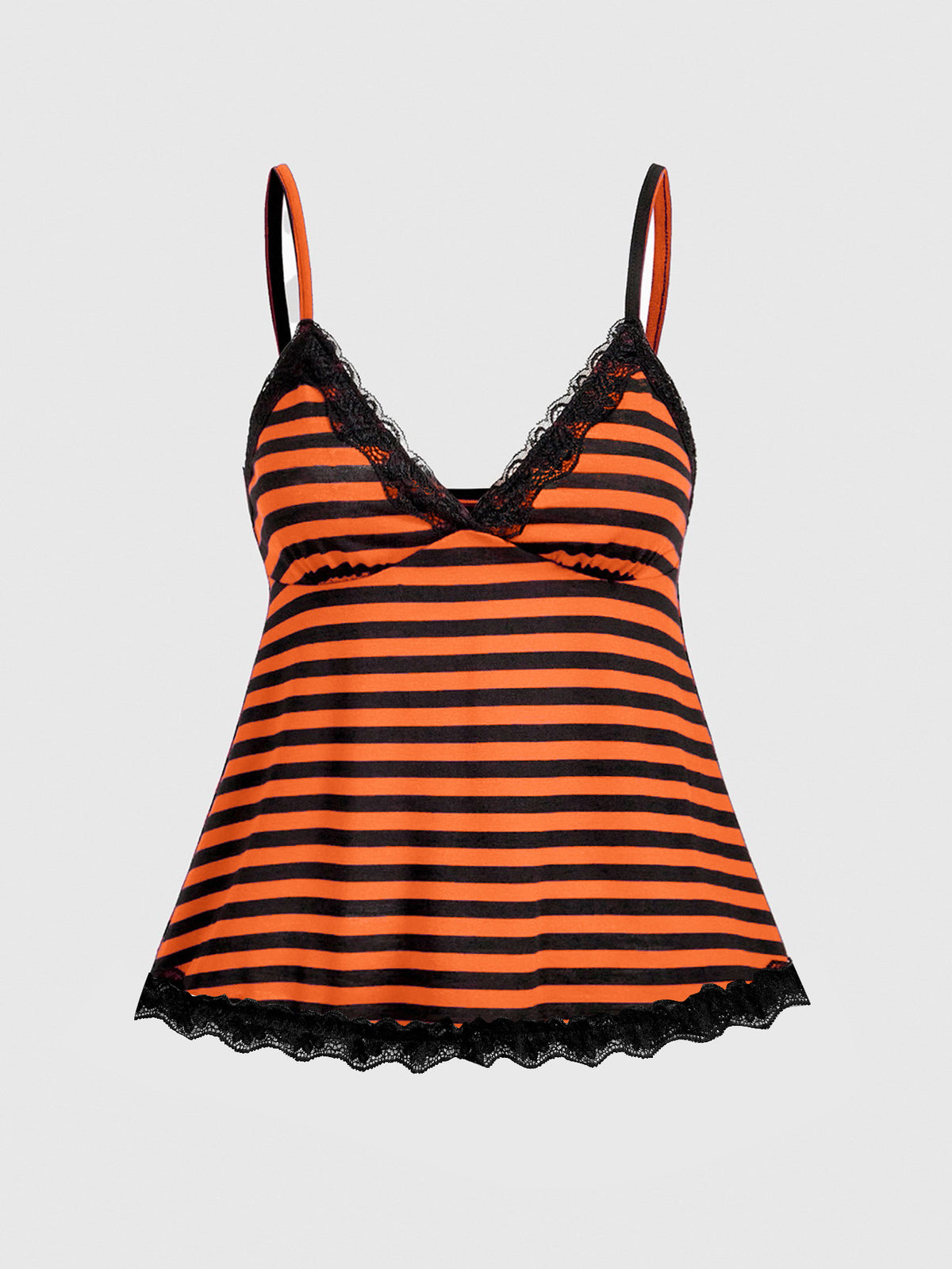 Red and white striped camisole top featuring contrast white scallop lace trim along the neckline and slim fit spaghetti straps.