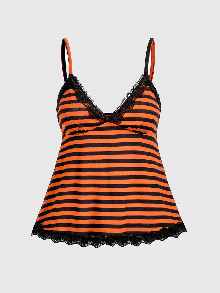 Red and white striped camisole top featuring contrast white scallop lace trim along the neckline and slim fit spaghetti straps.
