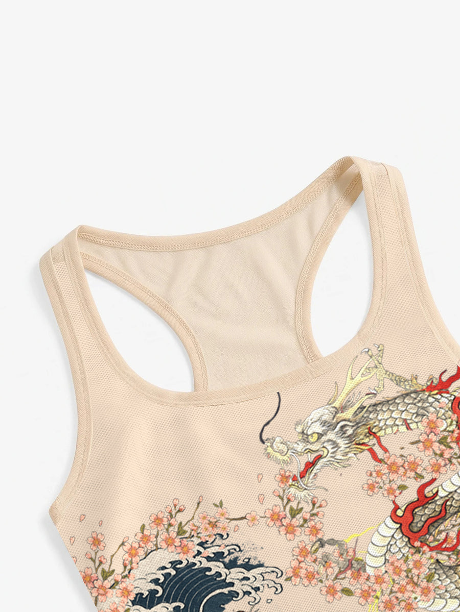 Women's slim fit tank top featuring a tiger dragon folk print, square neckline, cut out detail, and sleeveless cut in beige knitted fabric.