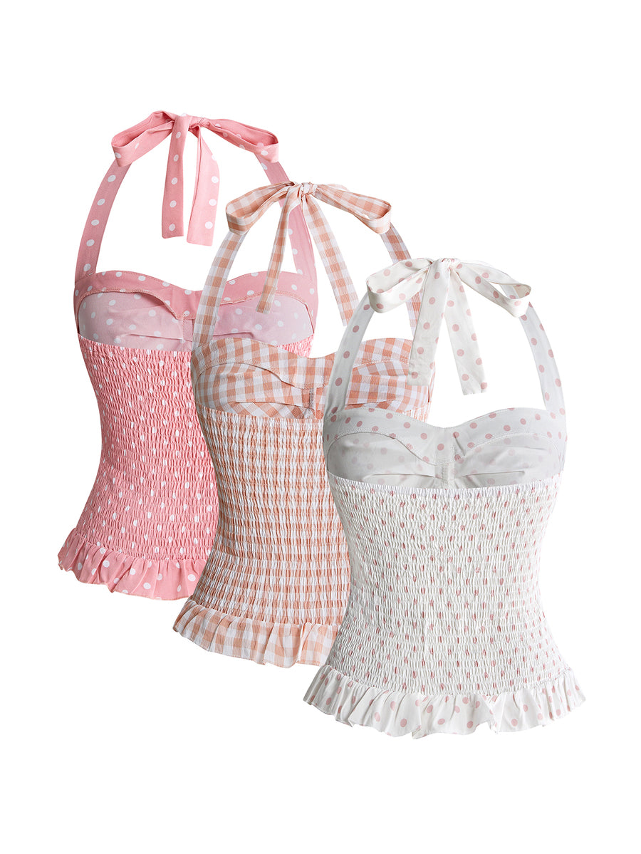 Pink plaid backless halter camisole set with ruched bust, knot detail, and ruffle hem for women.