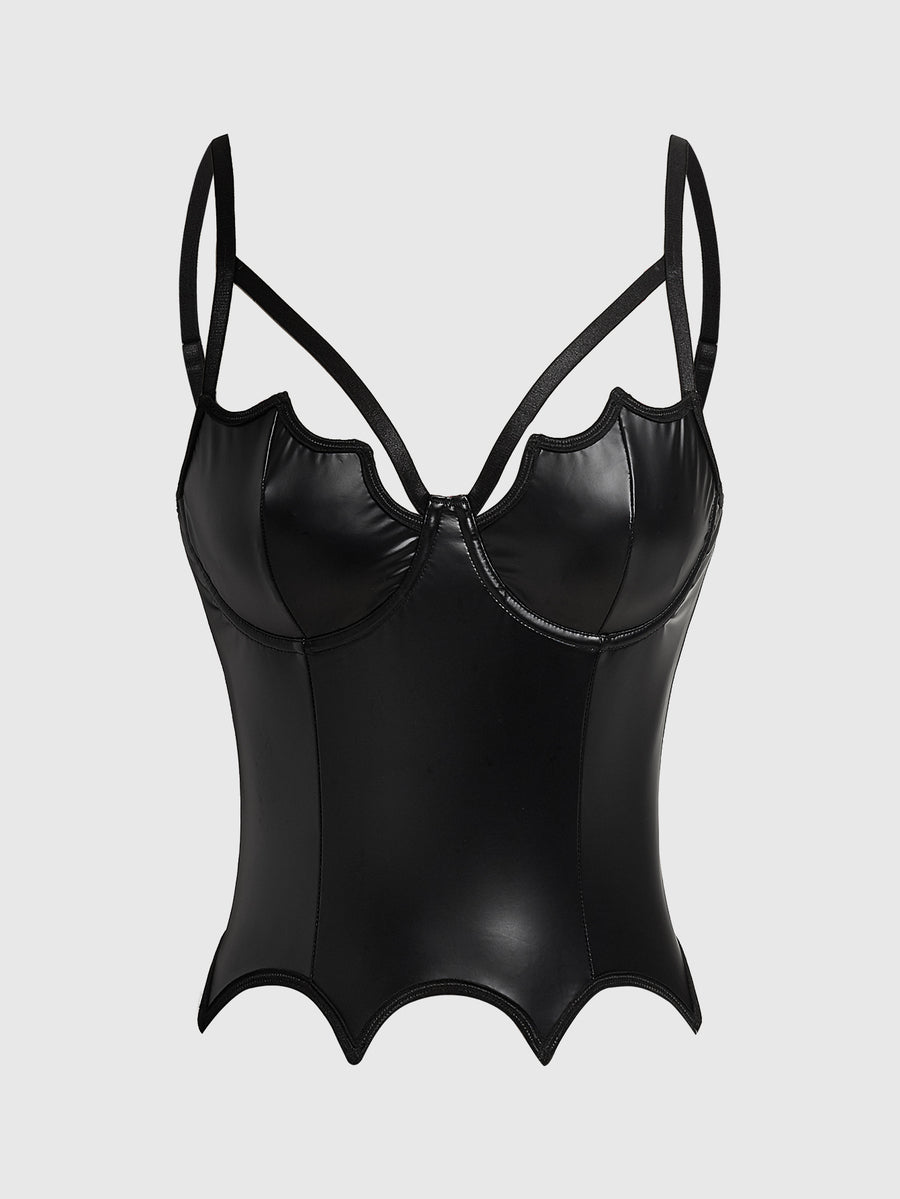 A women's black velvet crop camisole top featuring criss-cross shoulder straps, asymmetrical cut-out details, and a sleeveless vest neckline.