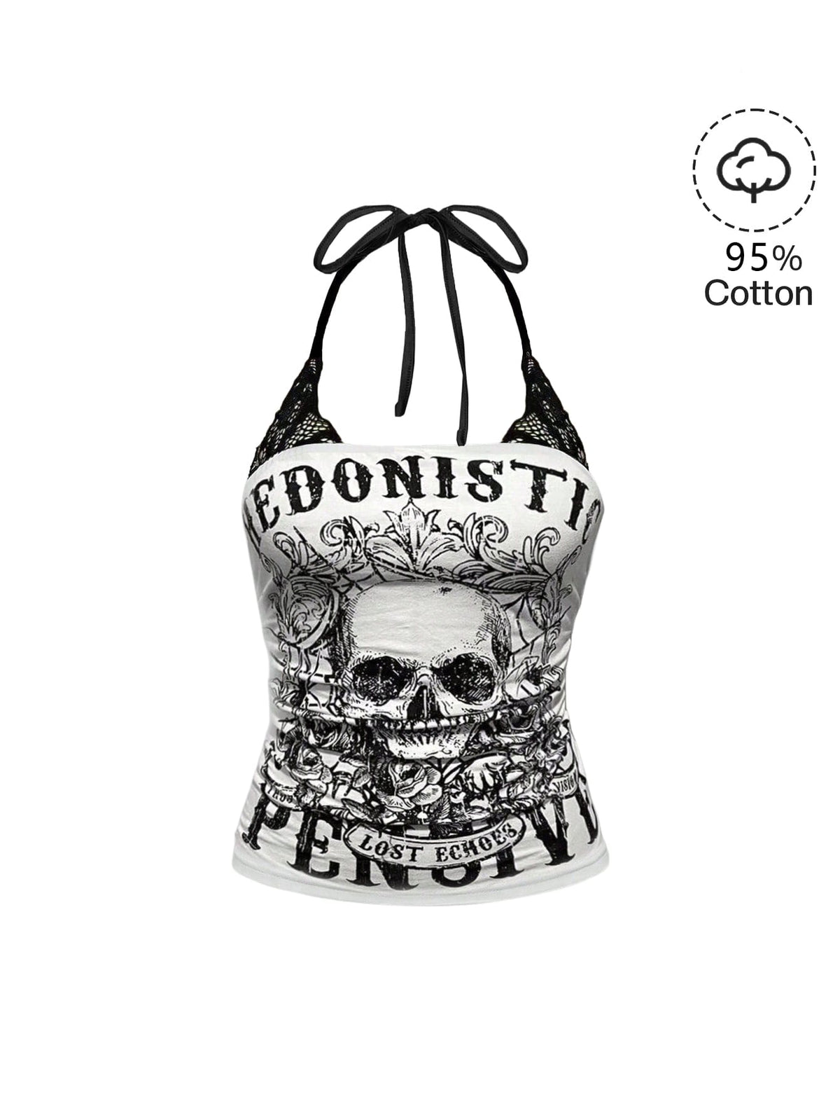 Women's distressed skull print halter crop top featuring 2-in-1 lace splicing design and a backless knot tie.