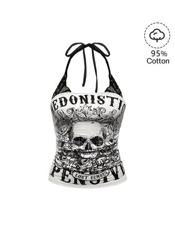 Women's distressed skull print halter crop top featuring 2-in-1 lace splicing design and a backless knot tie.