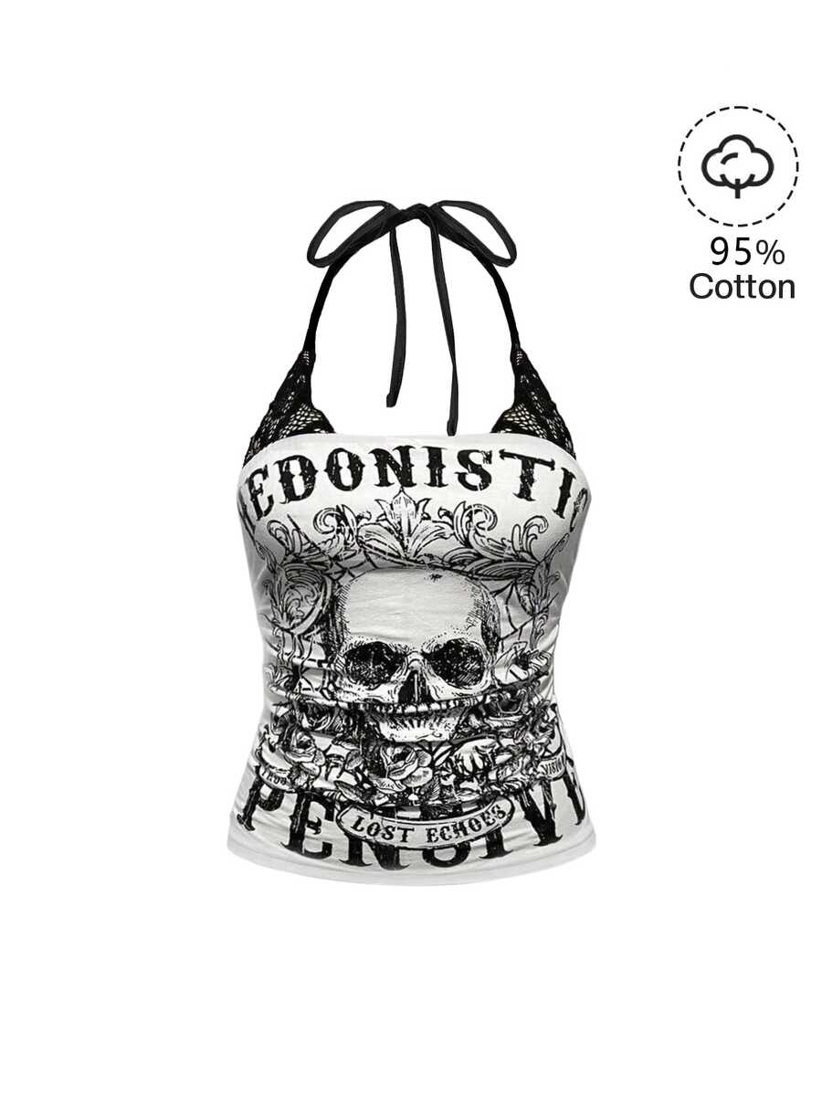 Women's distressed skull print halter crop top featuring 2-in-1 lace splicing design and a backless knot tie.
