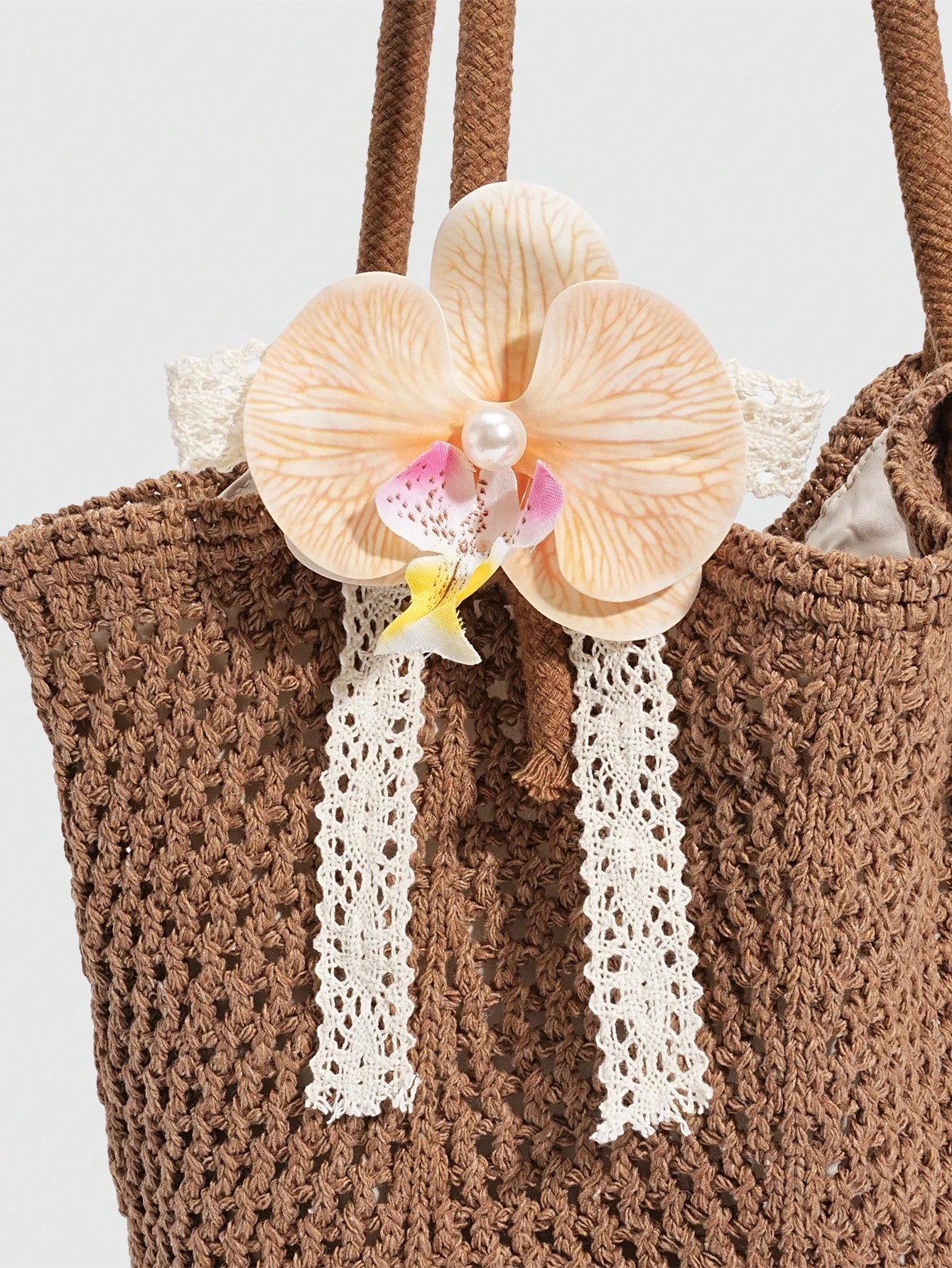 ROMWE Fairycore 1 Pc Tropical Ocean Beach Vacation Style Woven Hollow Beige Women's Shoulder Crossbody Handbag, Large Capacity Travel Vacation Bag