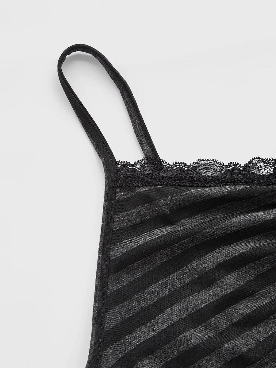 Burgundy and black striped lace trim camisole with spaghetti straps and ruched rib-knit detail.