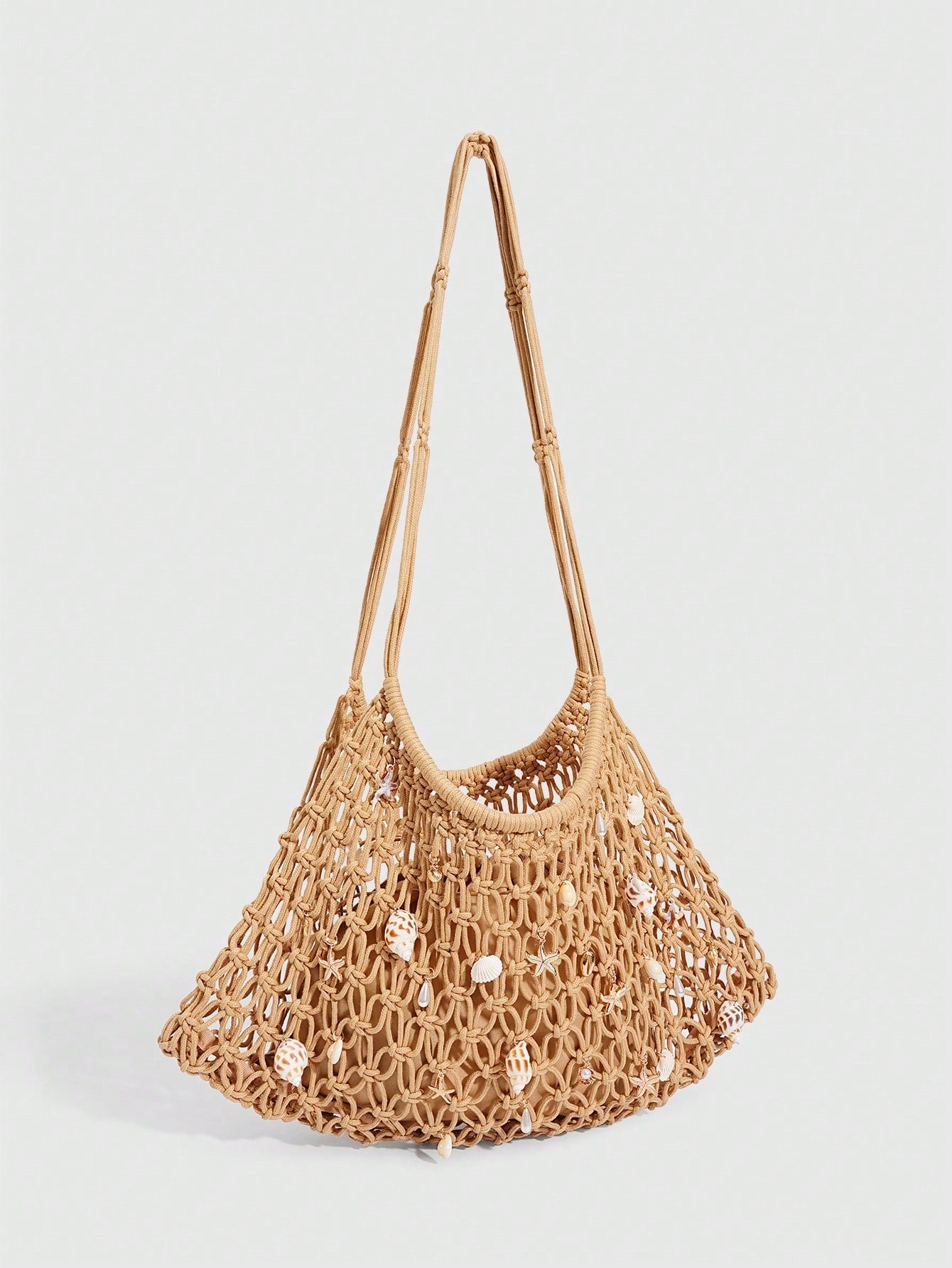 ROMWE Fairycore 1 Pc Tropical Ocean Beach Vacation Style Woven Hollow Beige Women's Shoulder Crossbody Handbag, Large Capacity Travel Vacation Bag