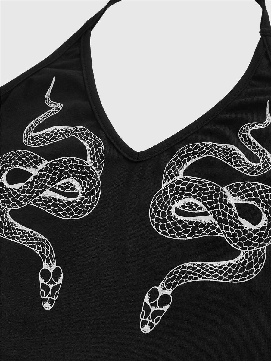 Black snake print halter camisole top for women featuring rhinestone details and a backless crop design.